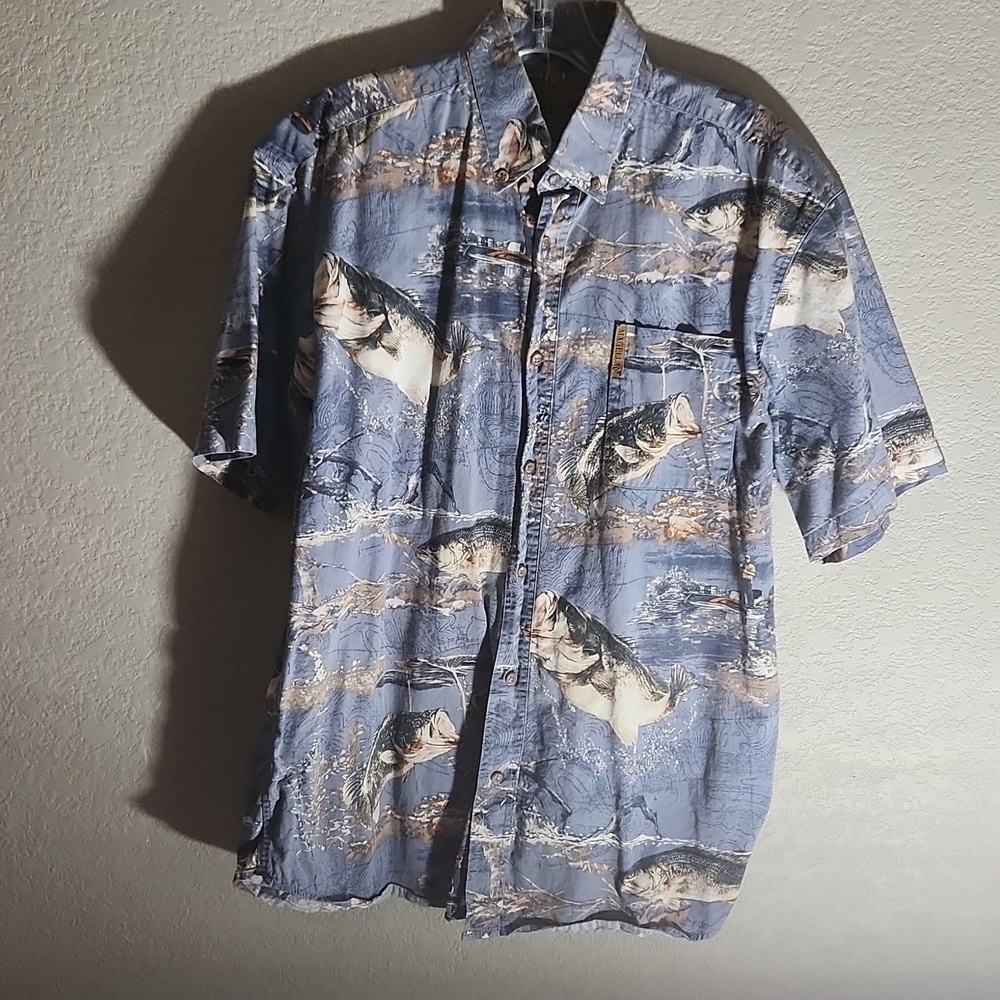 Magellan Shirt Mens Button Down Fish Print Size Medium Cotton Fishing